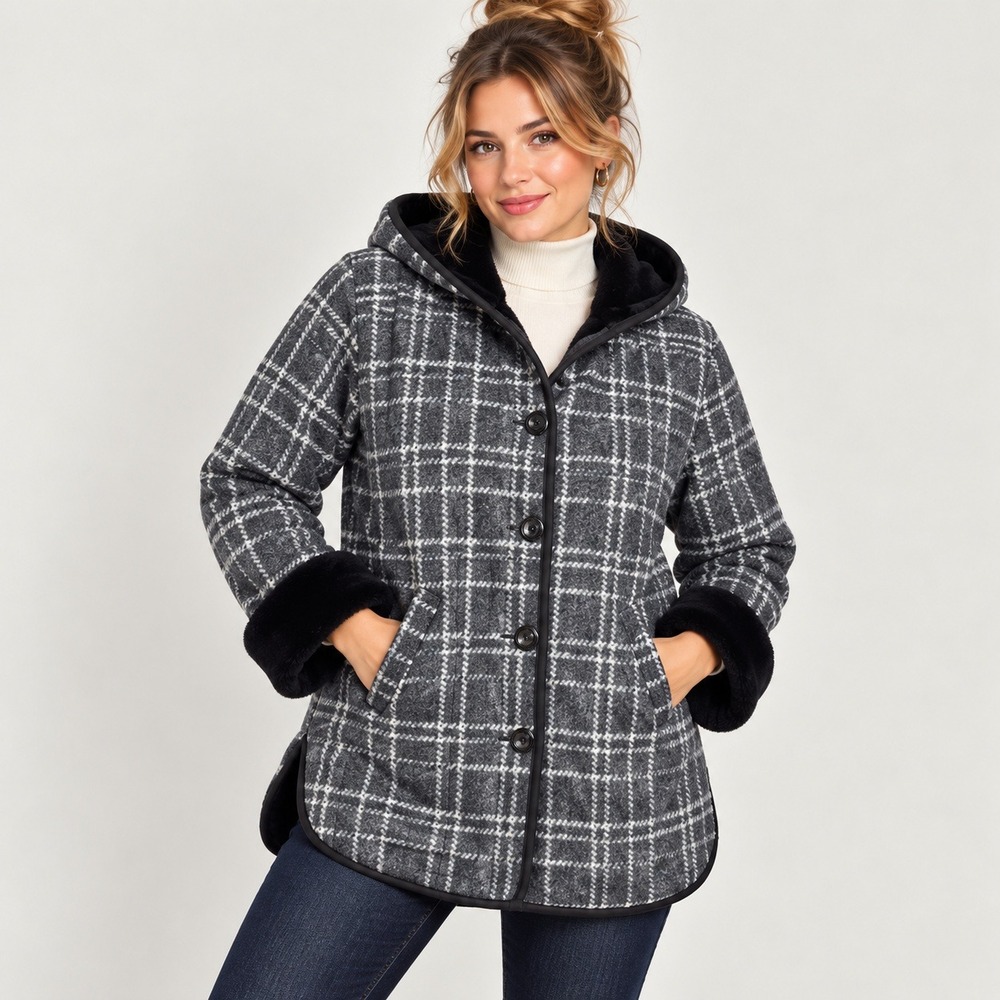 Ike Behar Plaid Plush Lined Fleece Jacket M Hooded Faux Fur Gray Black Cottage